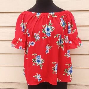 Sienna Sky Top Off Shoulder‎ Orange Floral Blouse Women M Ruffles on the Sleeves